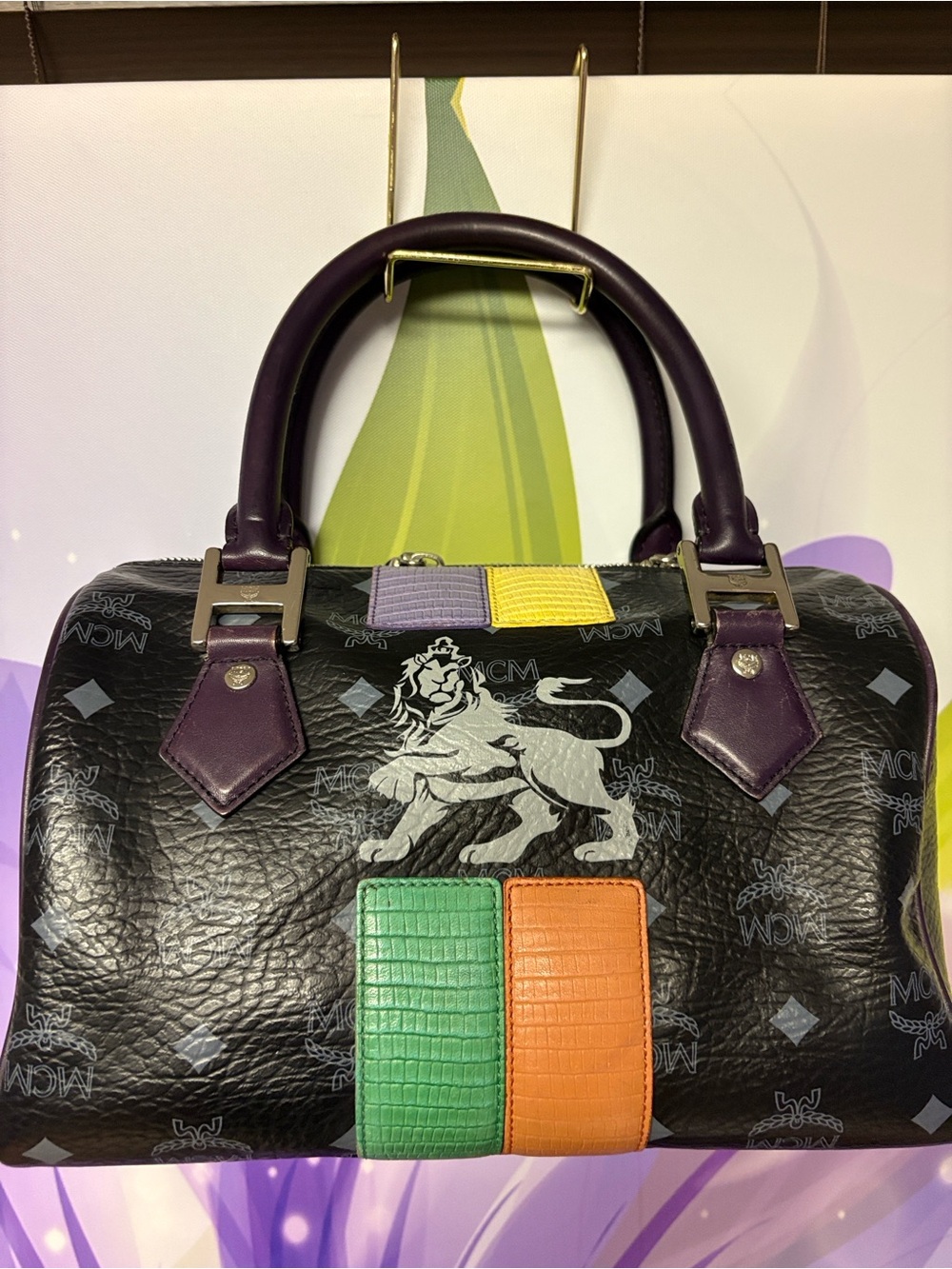 MCM Black Leather Satchel with Purple Handles and Multicolor Accent Straps